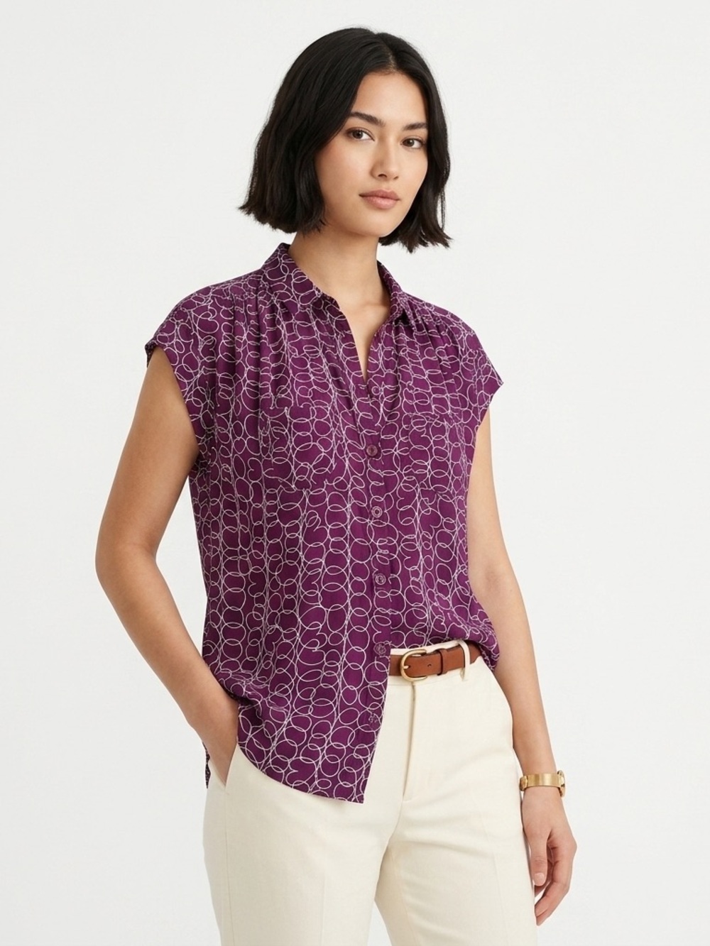 Maeve Anthropologie Button Down Shirt Pleated Pockets Circle Rayon Purple XXS